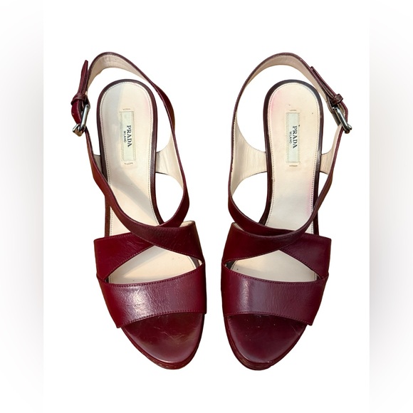 Prada Women's Dark Red Leather Sandals Heels - Picture 2 of 7